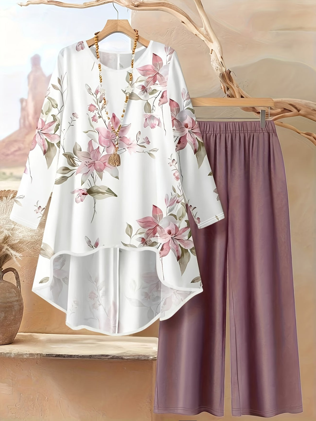 Plus Size Printed 2-Piece Co-Ord Set – Irregular Hem Top & Wide-Leg Pants