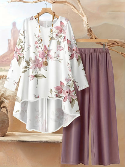 Plus Size Printed 2-Piece Co-Ord Set – Irregular Hem Top & Wide-Leg Pants