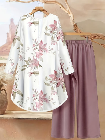 Plus Size Printed 2-Piece Co-Ord Set – Irregular Hem Top & Wide-Leg Pants