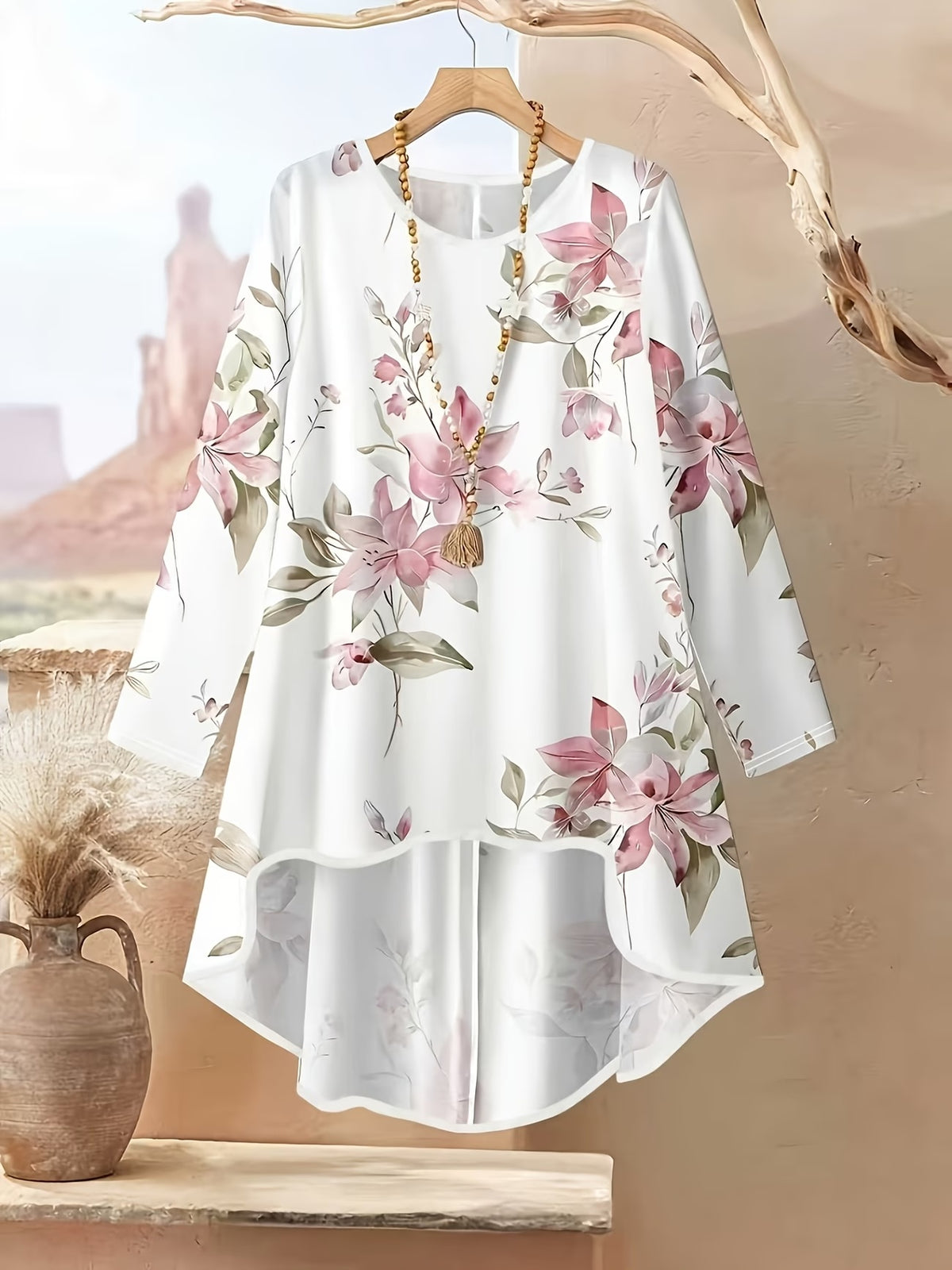 Plus Size Printed 2-Piece Co-Ord Set – Irregular Hem Top & Wide-Leg Pants