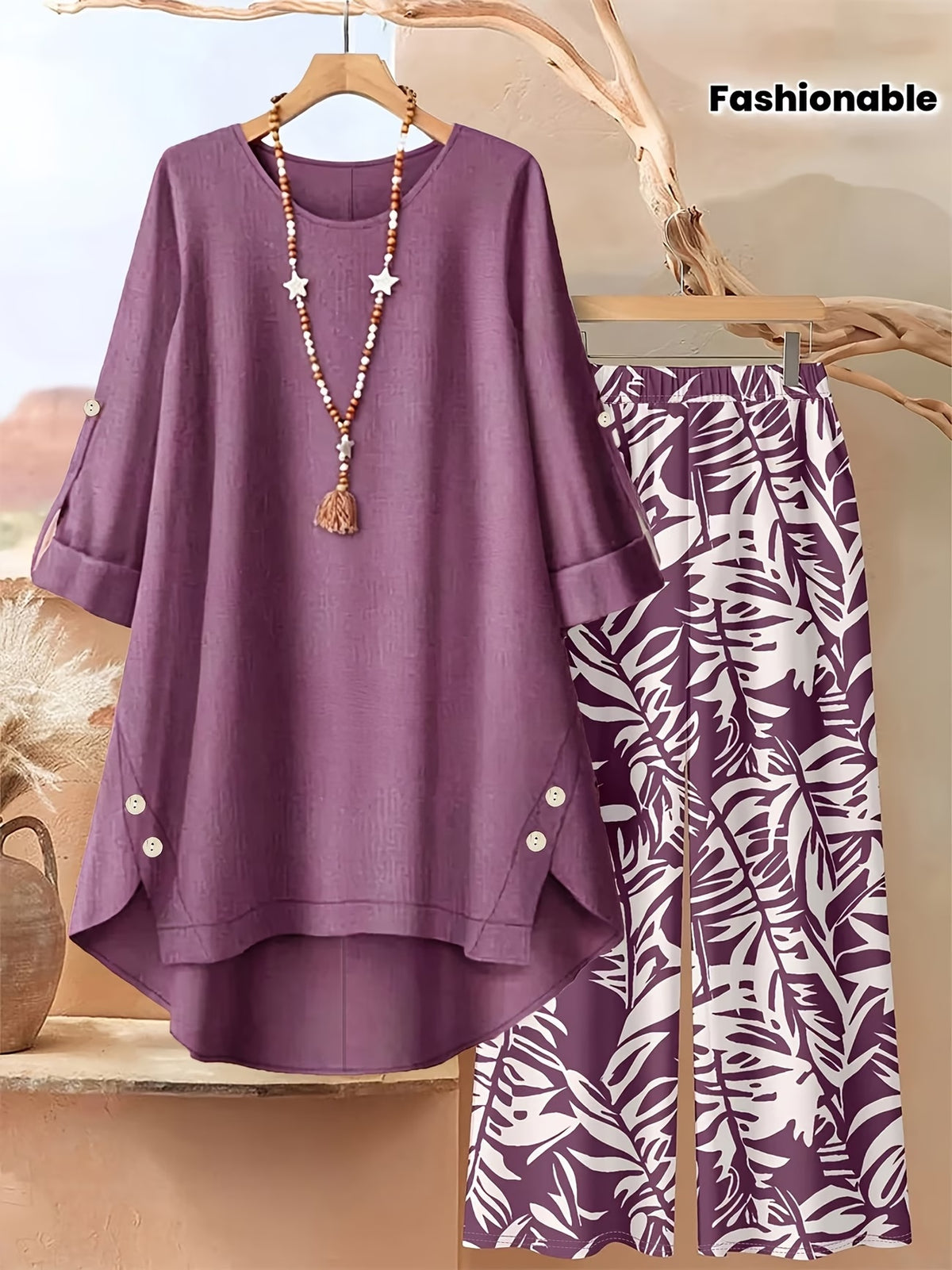 Plus Size Printed 2-Piece Co-Ord Set – Irregular Hem Top & Wide-Leg Pants
