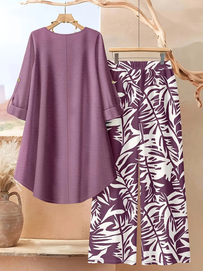 Plus Size Printed 2-Piece Co-Ord Set – Irregular Hem Top & Wide-Leg Pants