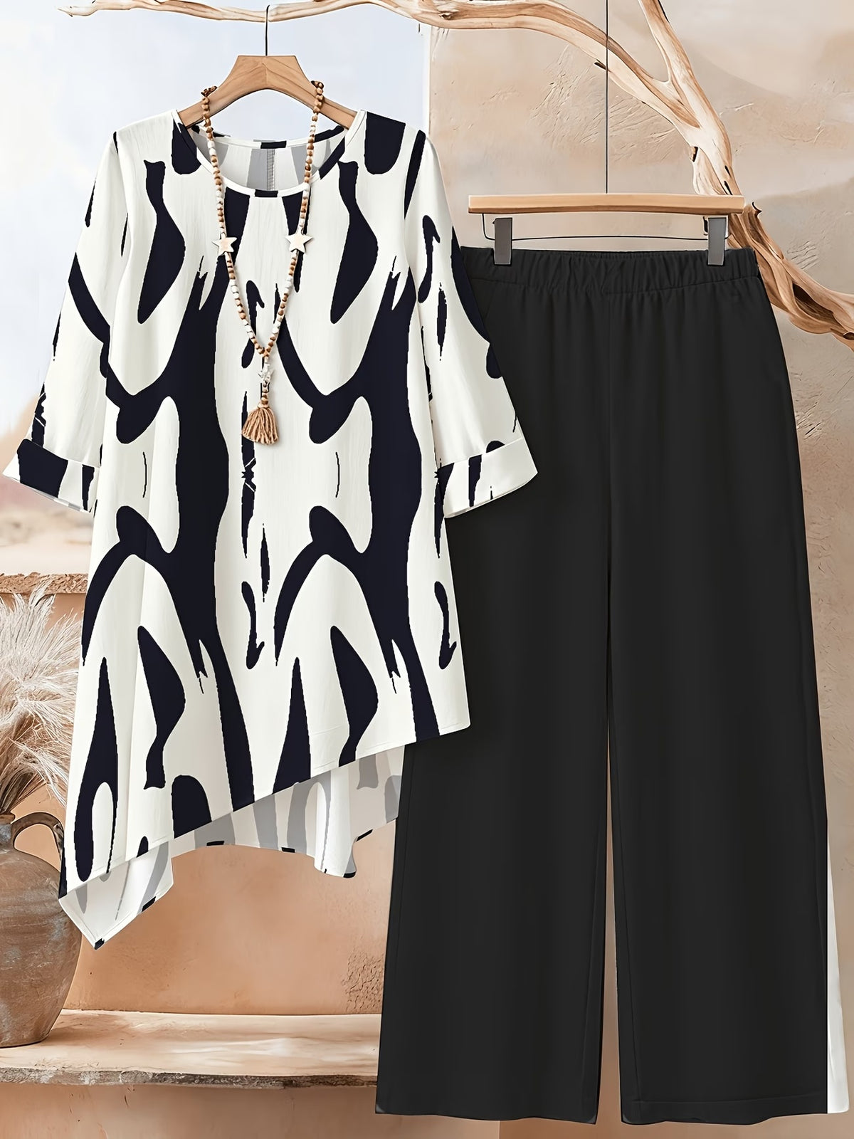 Plus Size Printed 2-Piece Co-Ord Set – Irregular Hem Top & Wide-Leg Pants
