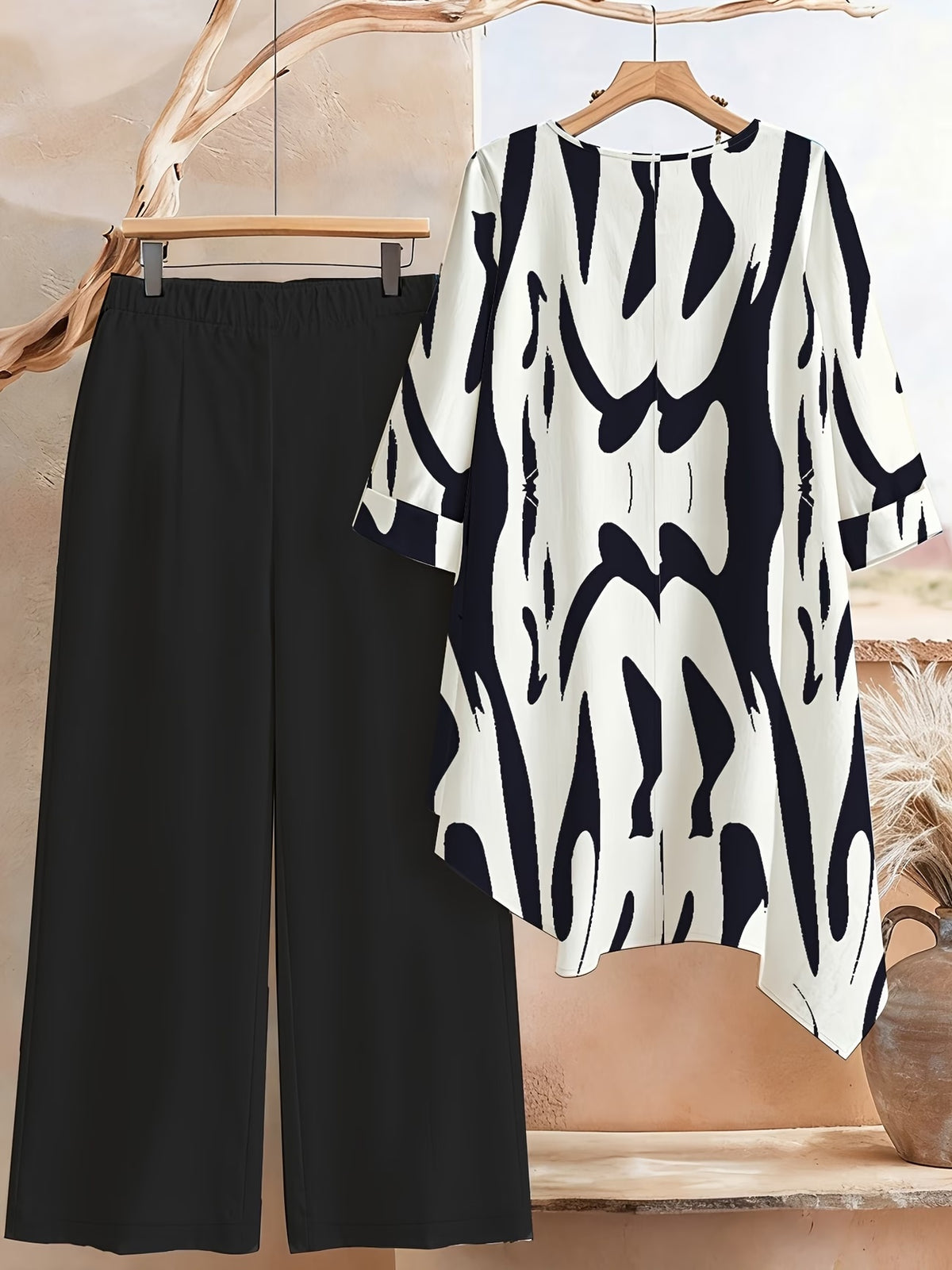 Plus Size Printed 2-Piece Co-Ord Set – Irregular Hem Top & Wide-Leg Pants