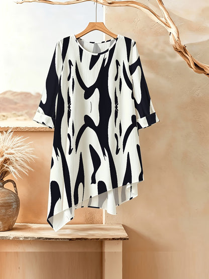 Plus Size Printed 2-Piece Co-Ord Set – Irregular Hem Top & Wide-Leg Pants