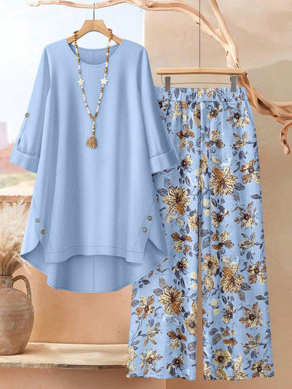 Plus Size Printed 2-Piece Co-Ord Set – Irregular Hem Top & Wide-Leg Pants