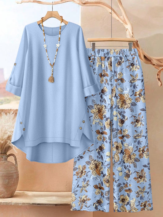Plus Size Printed 2-Piece Co-Ord Set – Irregular Hem Top & Wide-Leg Pants