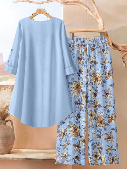 Plus Size Printed 2-Piece Co-Ord Set – Irregular Hem Top & Wide-Leg Pants