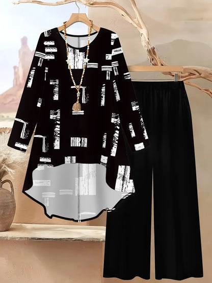 Plus Size Printed 2-Piece Co-Ord Set – Irregular Hem Top & Wide-Leg Pants