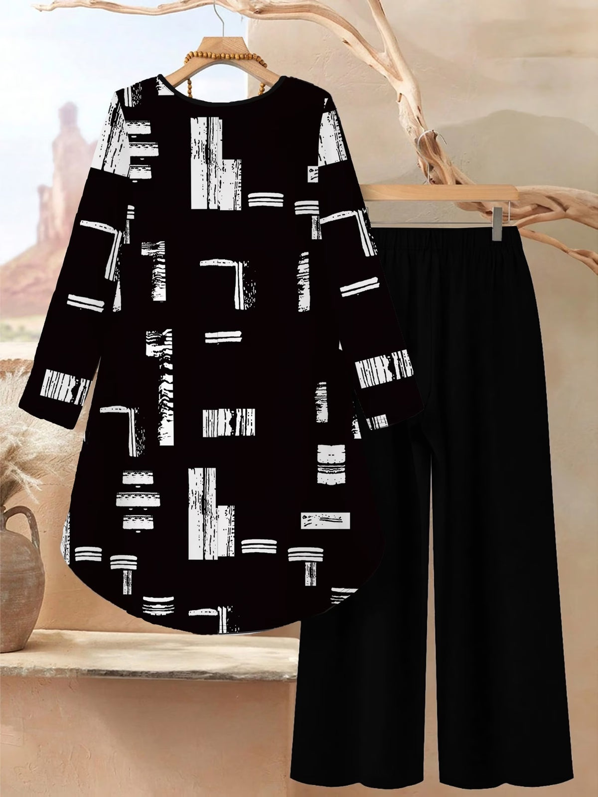Plus Size Printed 2-Piece Co-Ord Set – Irregular Hem Top & Wide-Leg Pants