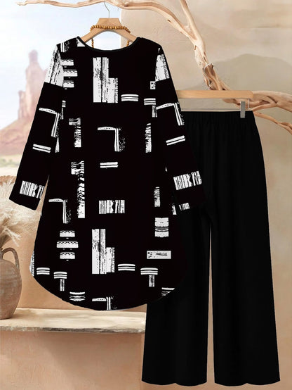 Plus Size Printed 2-Piece Co-Ord Set – Irregular Hem Top & Wide-Leg Pants