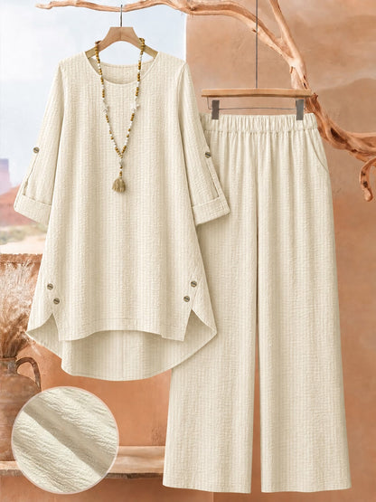 Plus Size Printed 2-Piece Co-Ord Set – Irregular Hem Top & Wide-Leg Pants