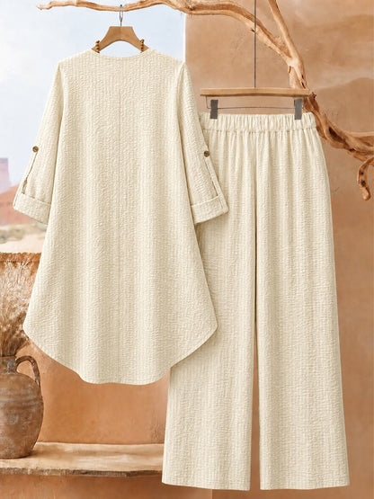 Plus Size Printed 2-Piece Co-Ord Set – Irregular Hem Top & Wide-Leg Pants