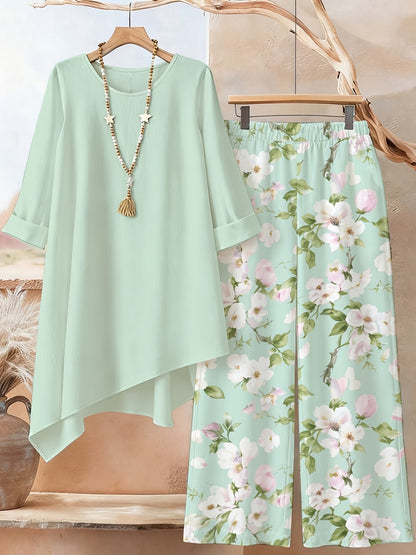 Plus Size Printed 2-Piece Co-Ord Set – Irregular Hem Top & Wide-Leg Pants