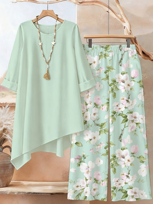 Plus Size Printed 2-Piece Co-Ord Set – Irregular Hem Top & Wide-Leg Pants