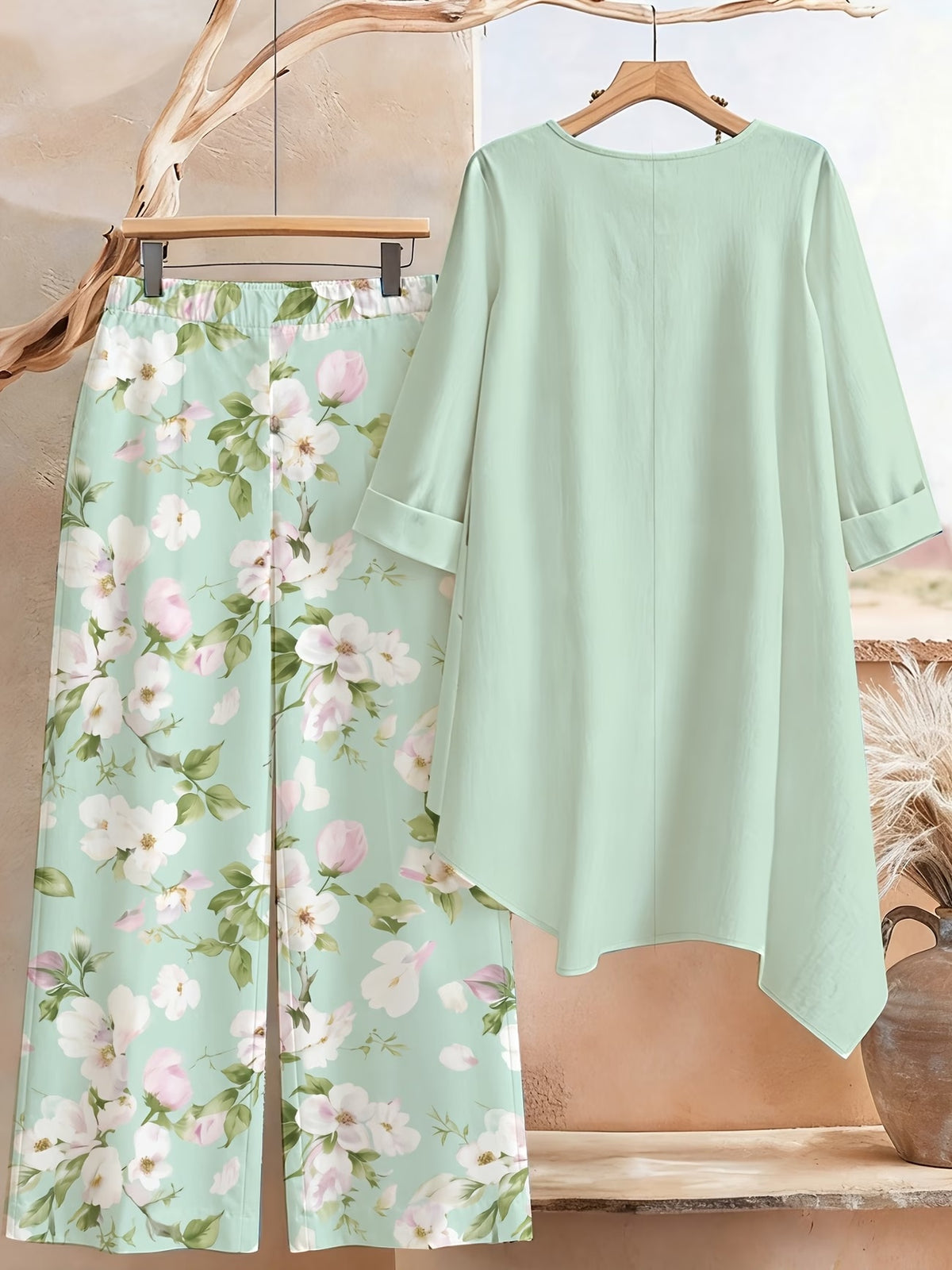 Plus Size Printed 2-Piece Co-Ord Set – Irregular Hem Top & Wide-Leg Pants