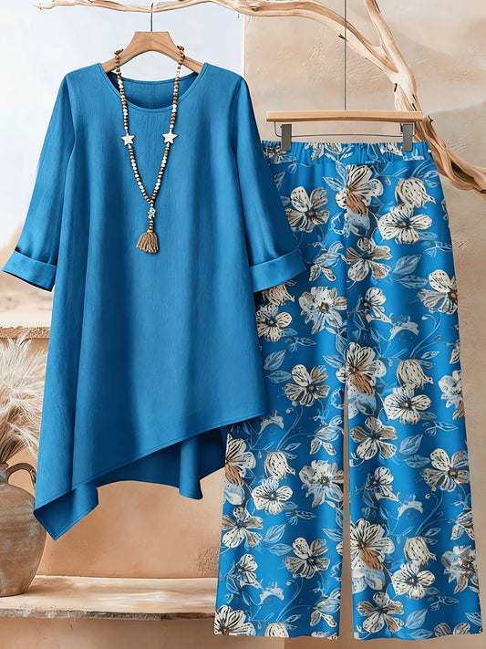Plus Size Printed 2-Piece Co-Ord Set – Irregular Hem Top & Wide-Leg Pants