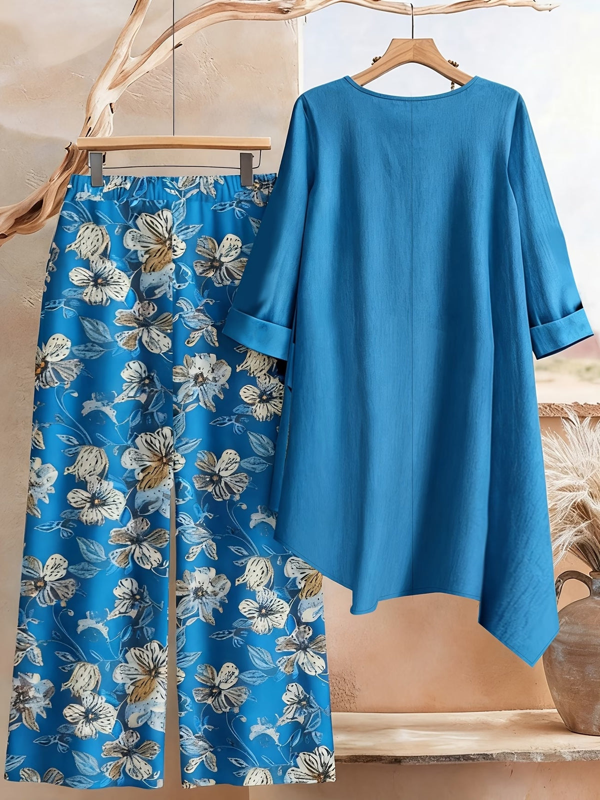 Plus Size Printed 2-Piece Co-Ord Set – Irregular Hem Top & Wide-Leg Pants