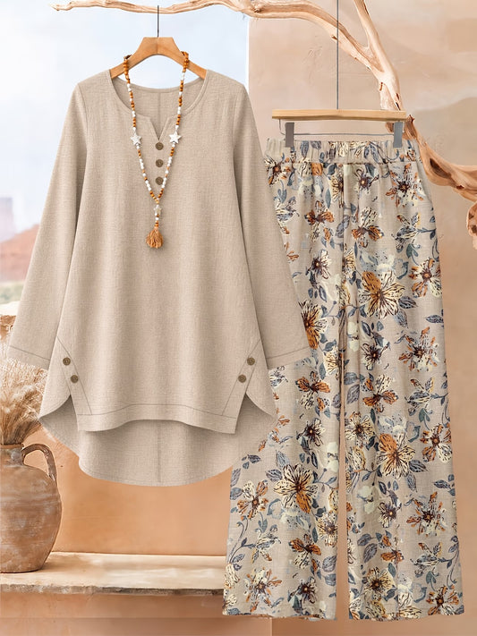 Plus Size Printed 2-Piece Co-Ord Set – Irregular Hem Top & Wide-Leg Pants