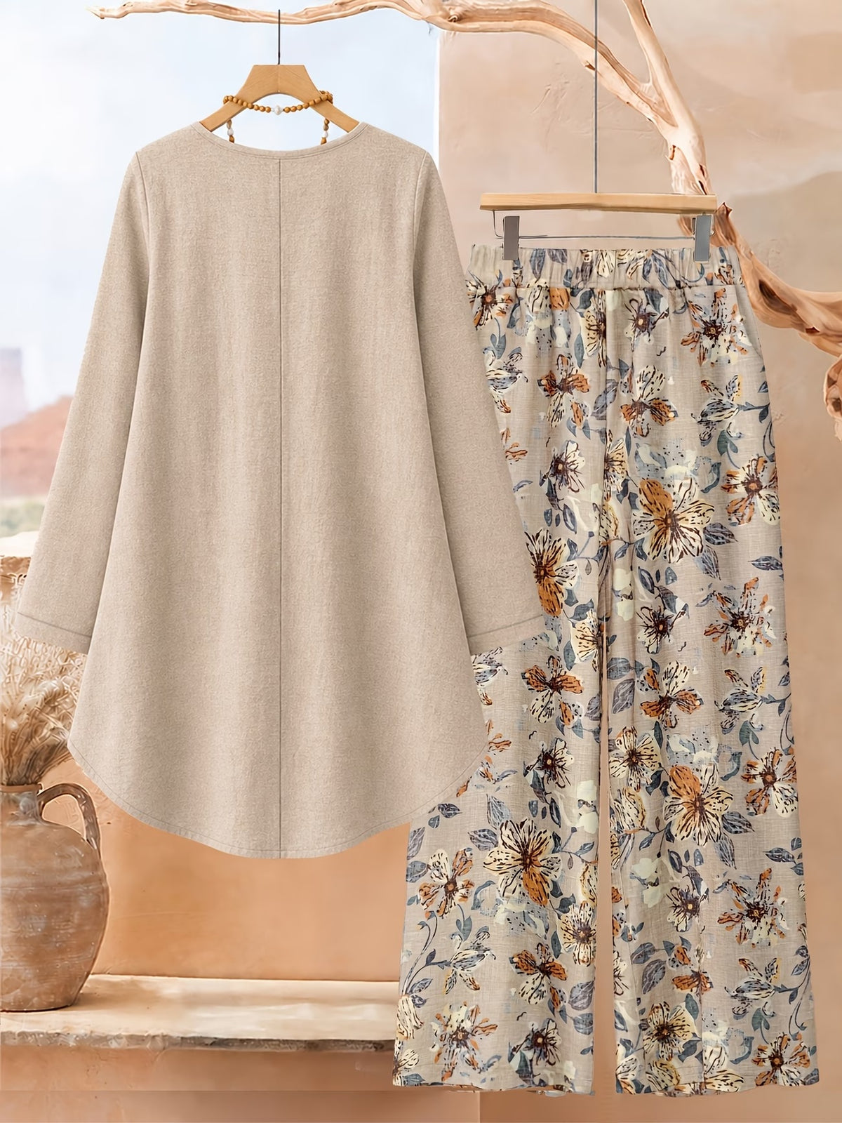 Plus Size Printed 2-Piece Co-Ord Set – Irregular Hem Top & Wide-Leg Pants