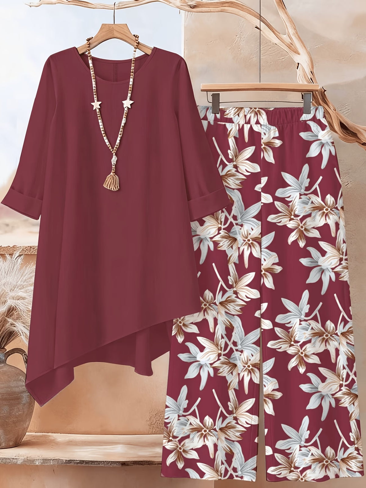 Plus Size Printed 2-Piece Co-Ord Set – Irregular Hem Top & Wide-Leg Pants