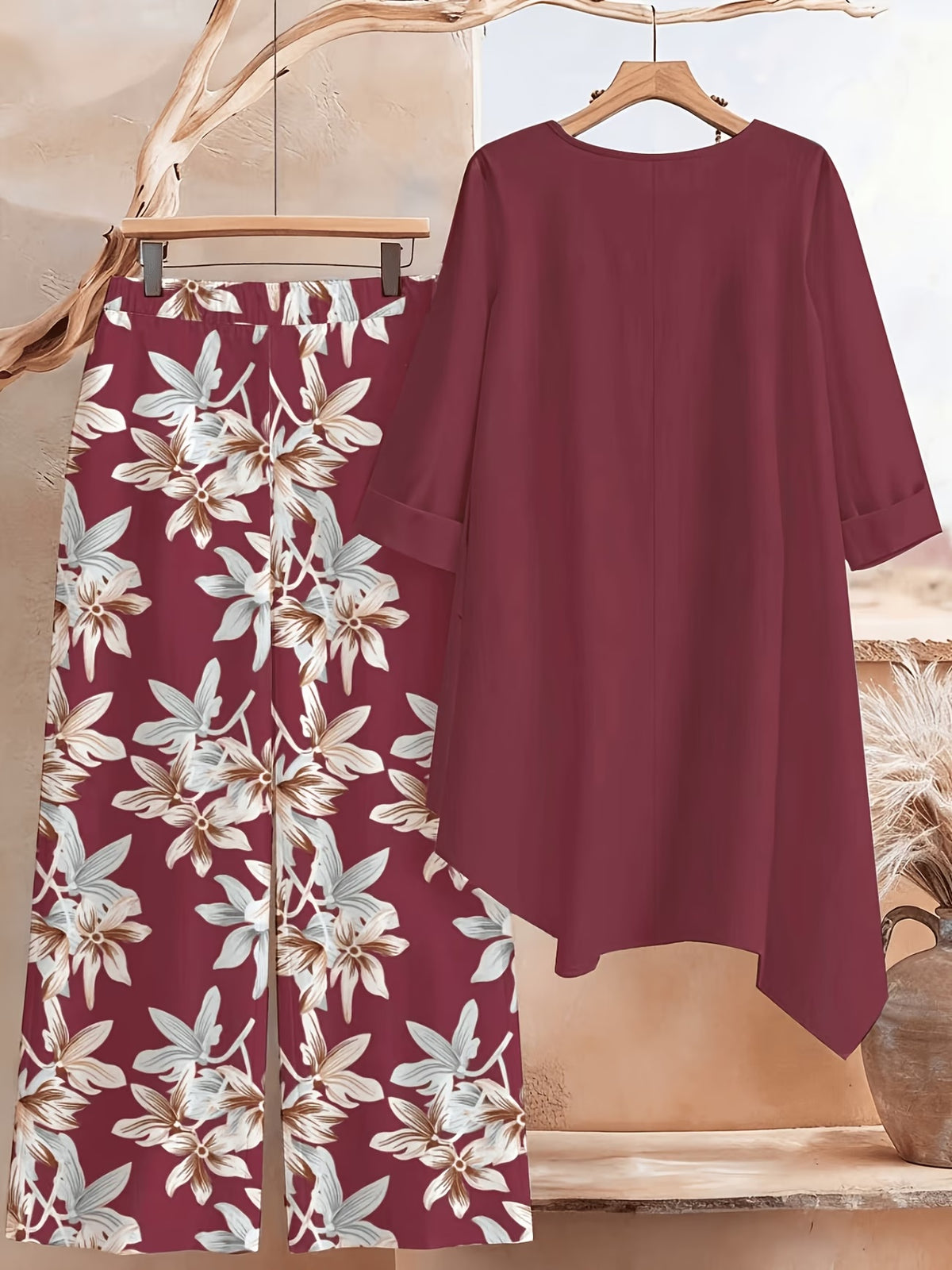 Plus Size Printed 2-Piece Co-Ord Set – Irregular Hem Top & Wide-Leg Pants