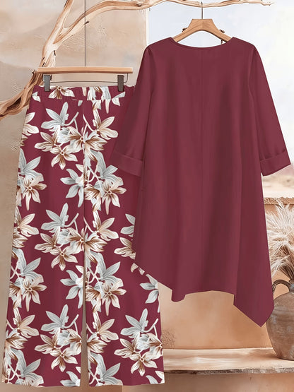 Plus Size Printed 2-Piece Co-Ord Set – Irregular Hem Top & Wide-Leg Pants