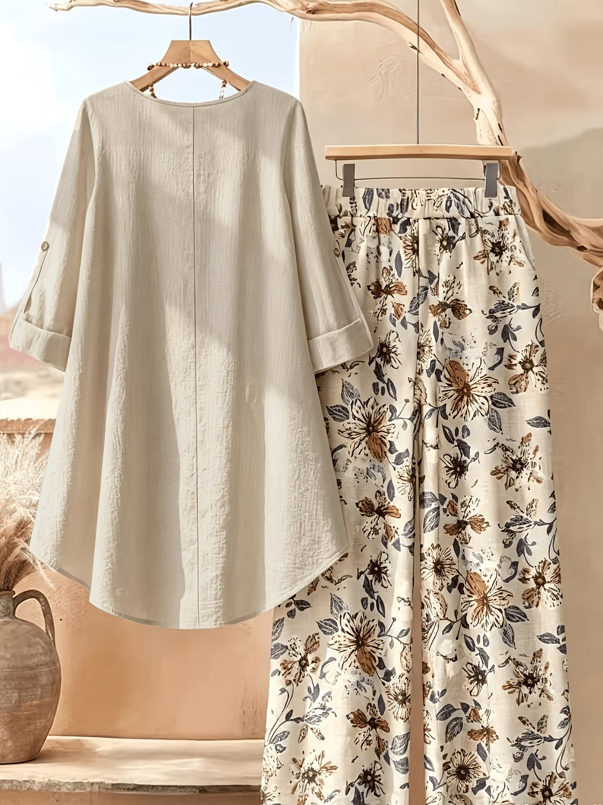 Plus Size Printed 2-Piece Co-Ord Set – Irregular Hem Top & Wide-Leg Pants