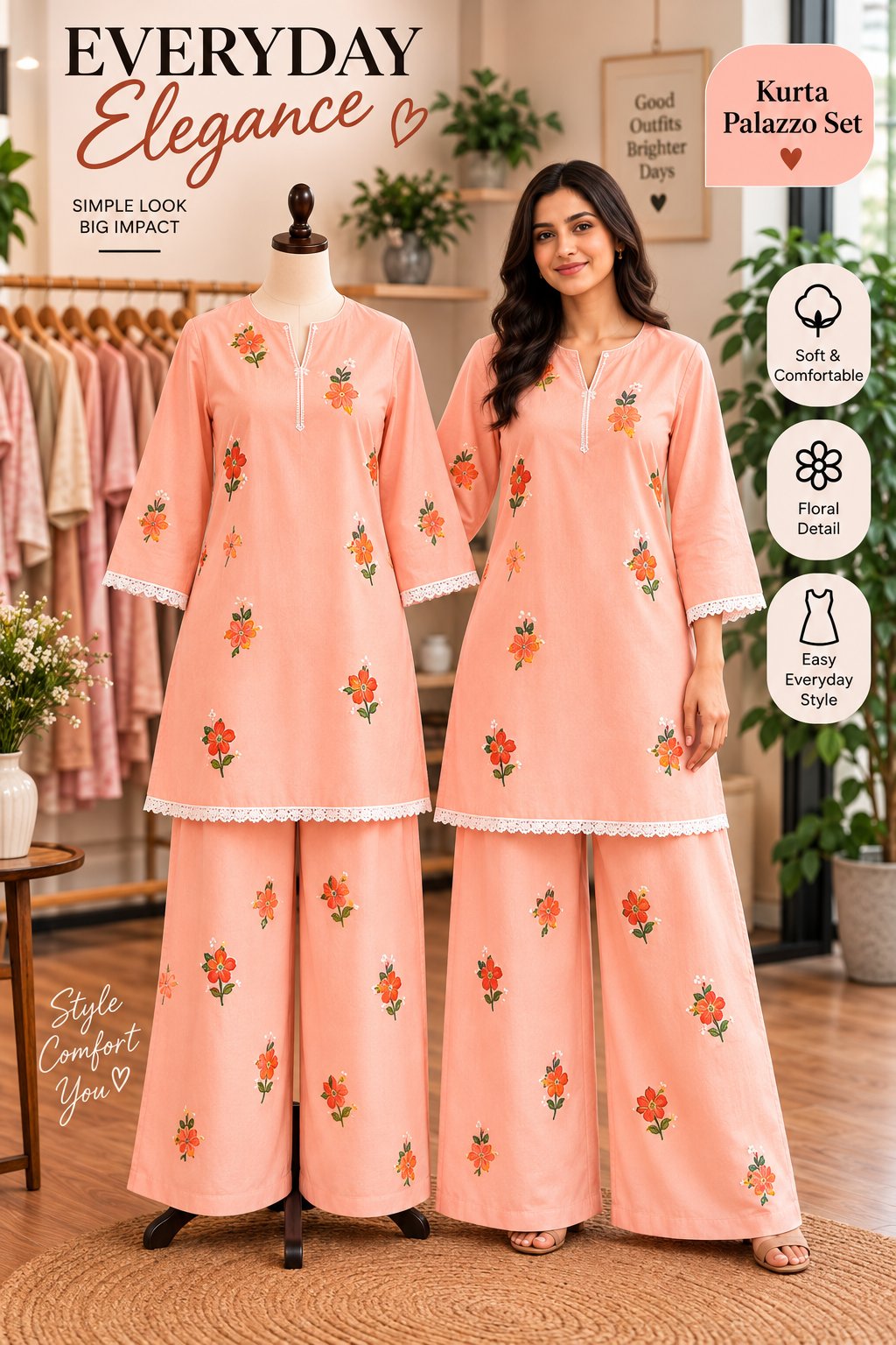 Stylish Floral Printed Kurta with Palazzo Set for Women
