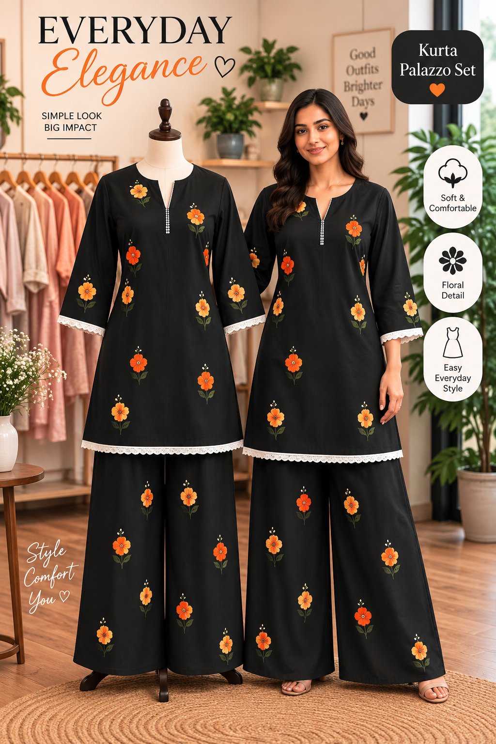 Stylish Floral Printed Kurta with Palazzo Set for Women