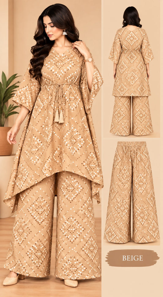 Peach Elegance Geometric Printed Kurta Palazzo Set