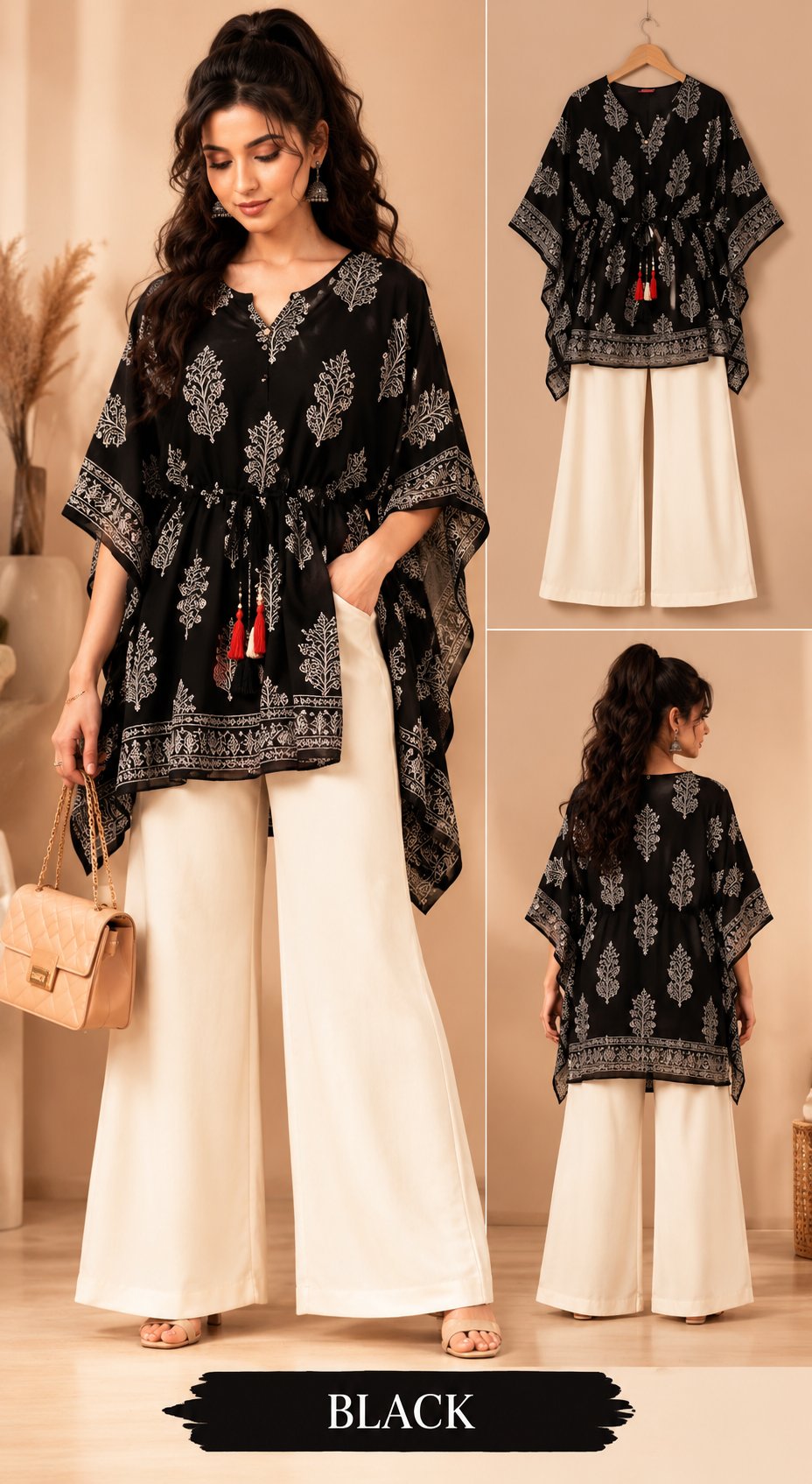 Beige Bloom Printed Kaftan Kurta Palazzo Set for Women
