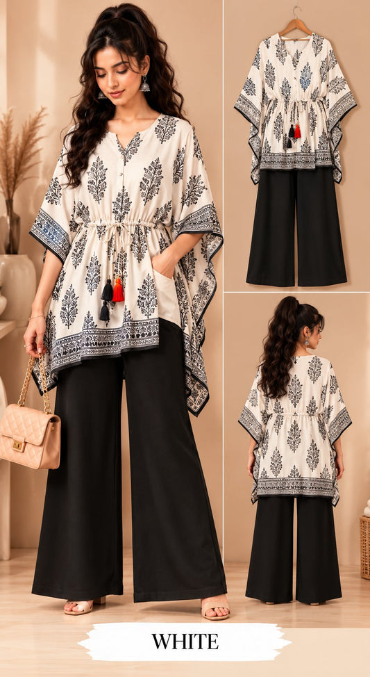 Beige Bloom Printed Kaftan Kurta Palazzo Set for Women