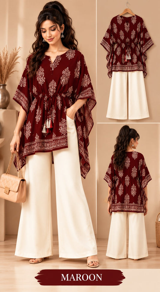 Beige Bloom Printed Kaftan Kurta Palazzo Set for Women