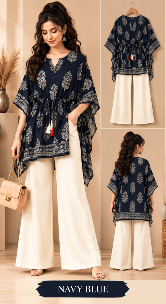 Beige Bloom Printed Kaftan Kurta Palazzo Set for Women