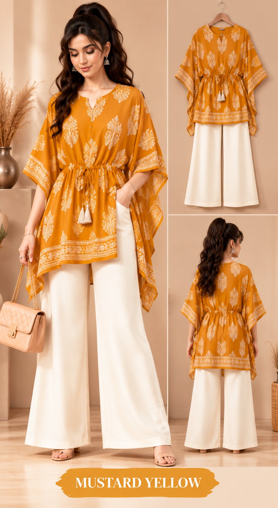 Beige Bloom Printed Kaftan Kurta Palazzo Set for Women