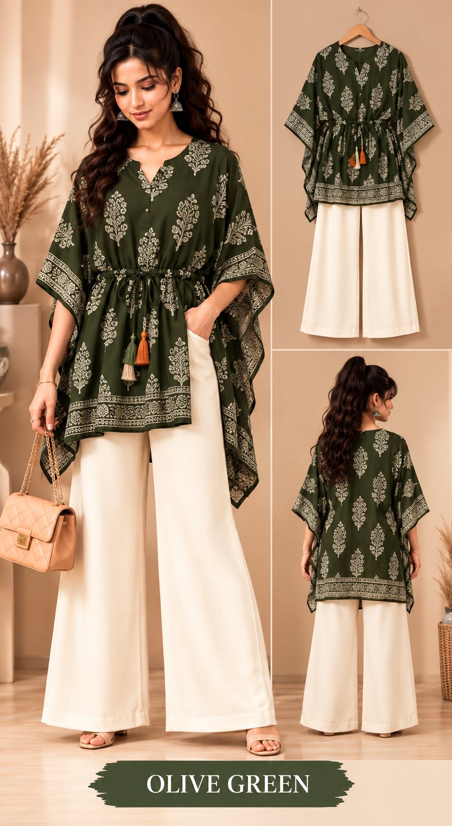 Beige Bloom Printed Kaftan Kurta Palazzo Set for Women