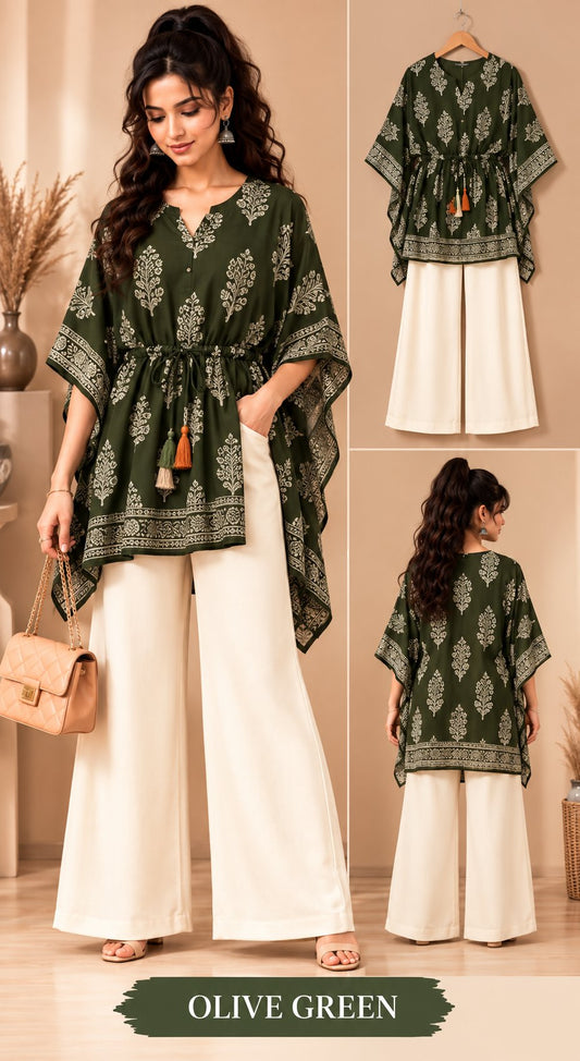 Beige Bloom Printed Kaftan Kurta Palazzo Set for Women