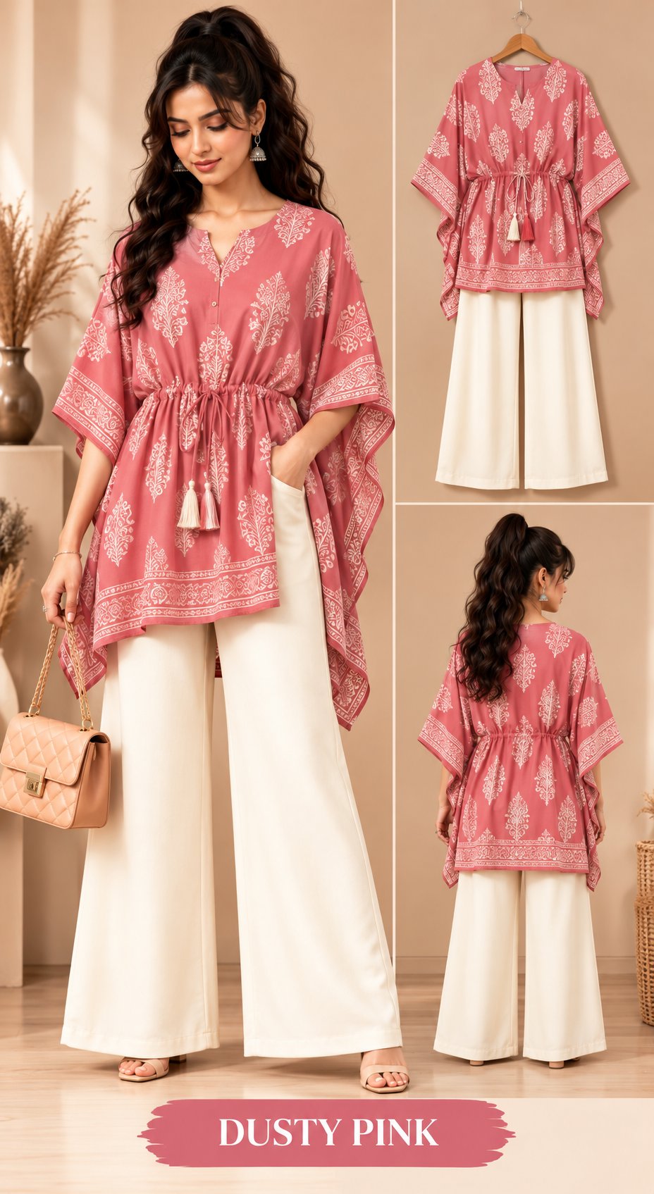Beige Bloom Printed Kaftan Kurta Palazzo Set for Women