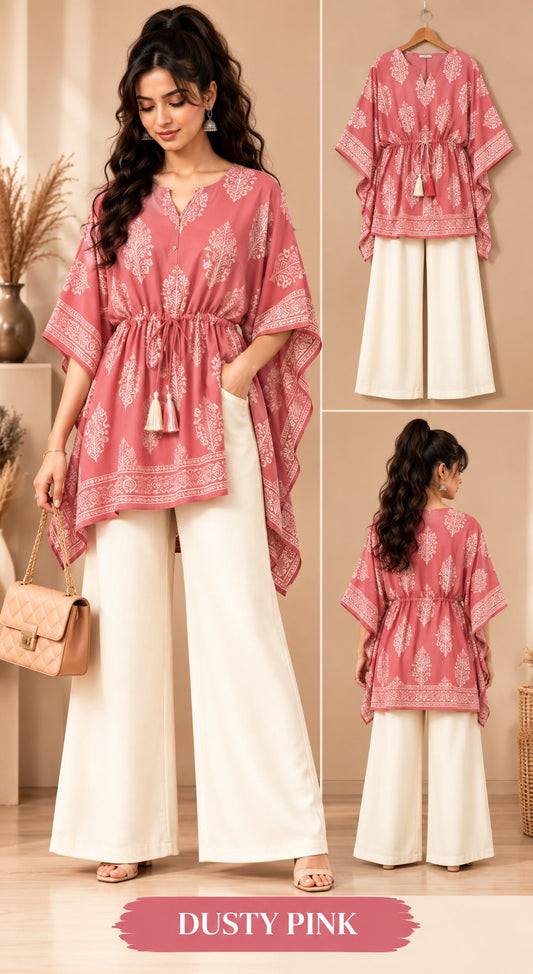 Beige Bloom Printed Kaftan Kurta Palazzo Set for Women