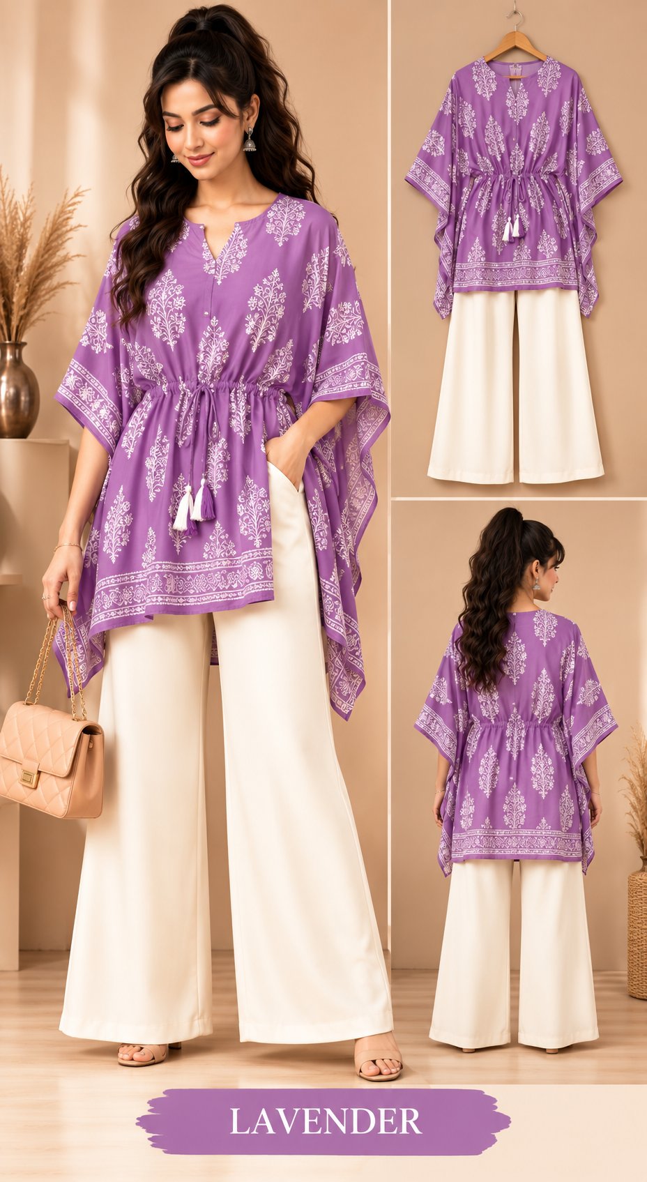 Beige Bloom Printed Kaftan Kurta Palazzo Set for Women
