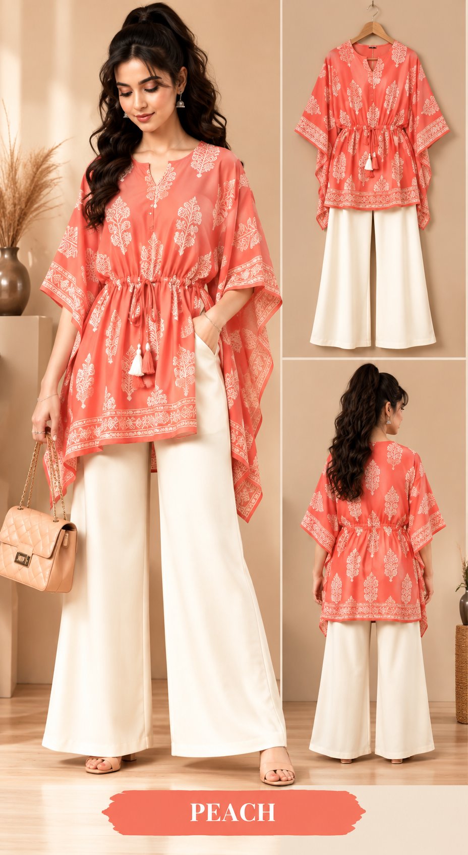 Beige Bloom Printed Kaftan Kurta Palazzo Set for Women