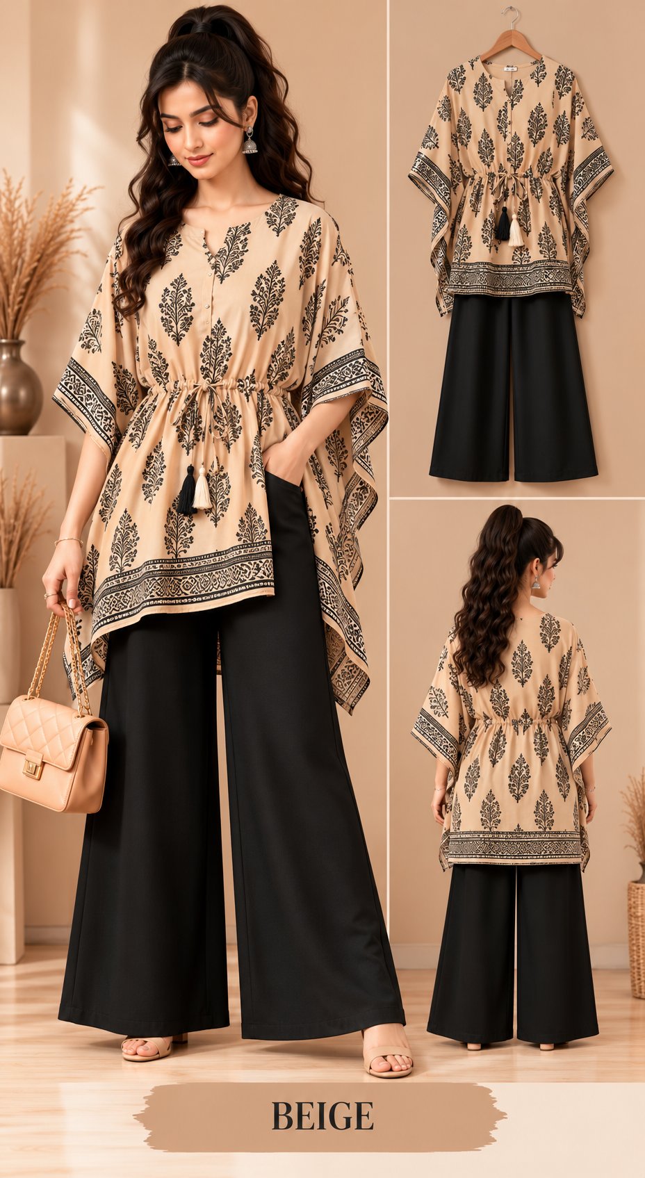 Beige Bloom Printed Kaftan Kurta Palazzo Set for Women