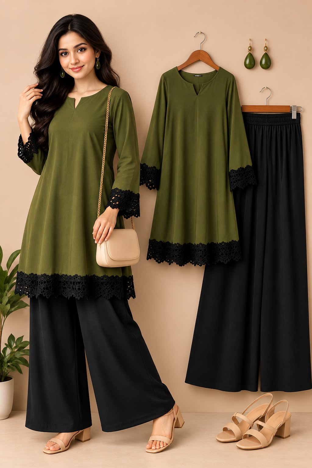 Elegant Lace Detail Kurta Palazzo Set for Women