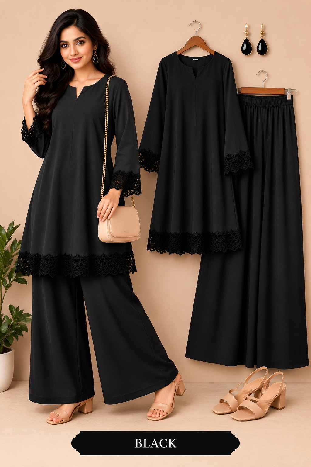 Elegant Lace Detail Kurta Palazzo Set for Women
