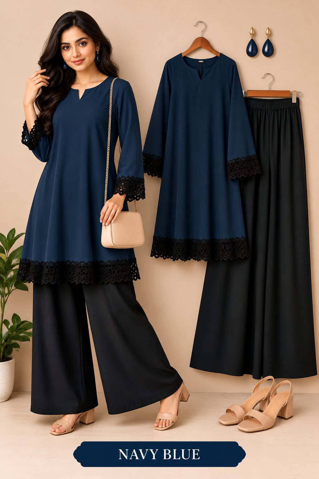 Elegant Lace Detail Kurta Palazzo Set for Women