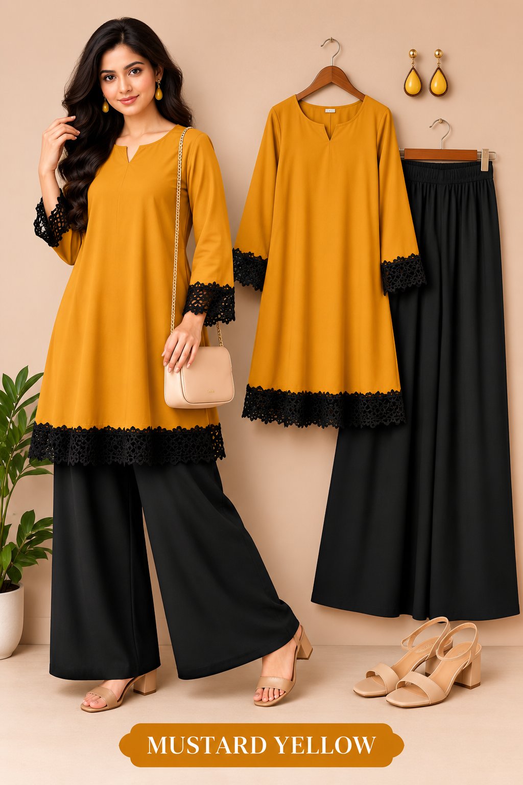 Elegant Lace Detail Kurta Palazzo Set for Women