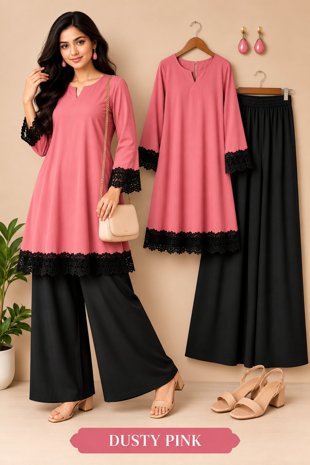 Elegant Lace Detail Kurta Palazzo Set for Women