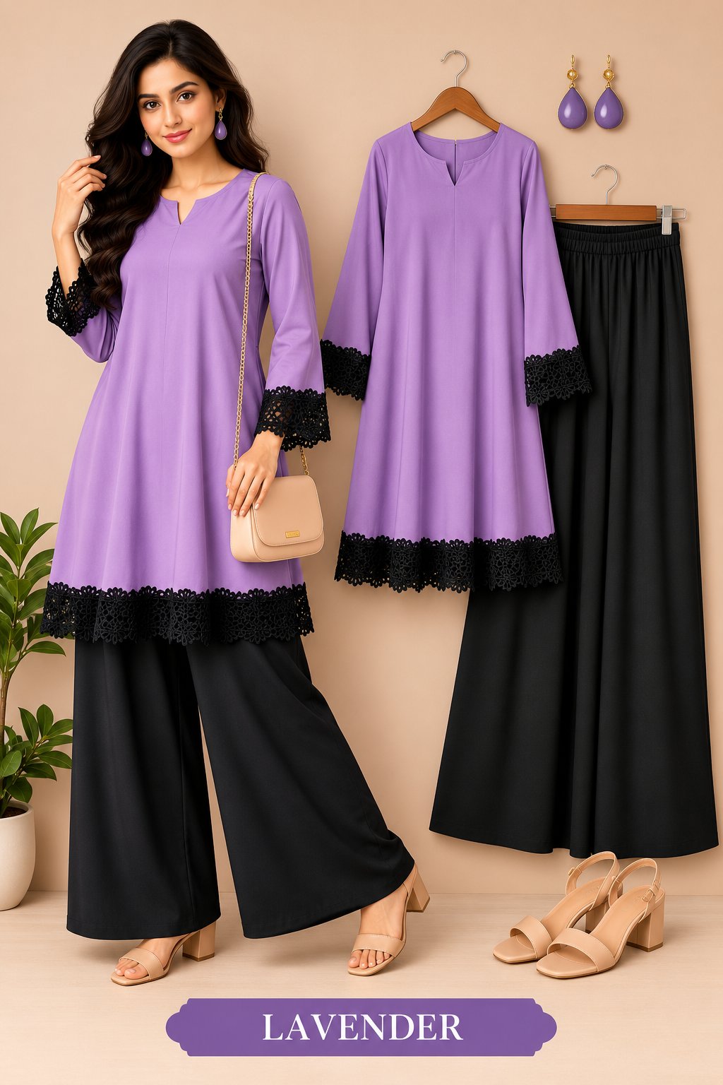 Elegant Lace Detail Kurta Palazzo Set for Women