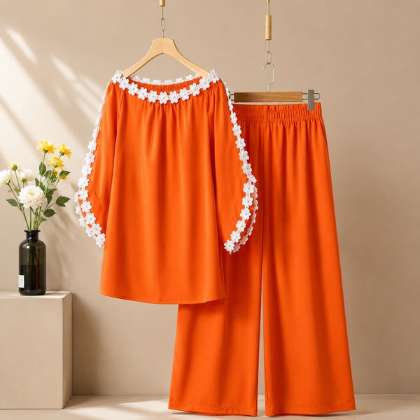 Women's Elegant Off-Shoulder Floral Lace Trim Co-Ord Lounge Set